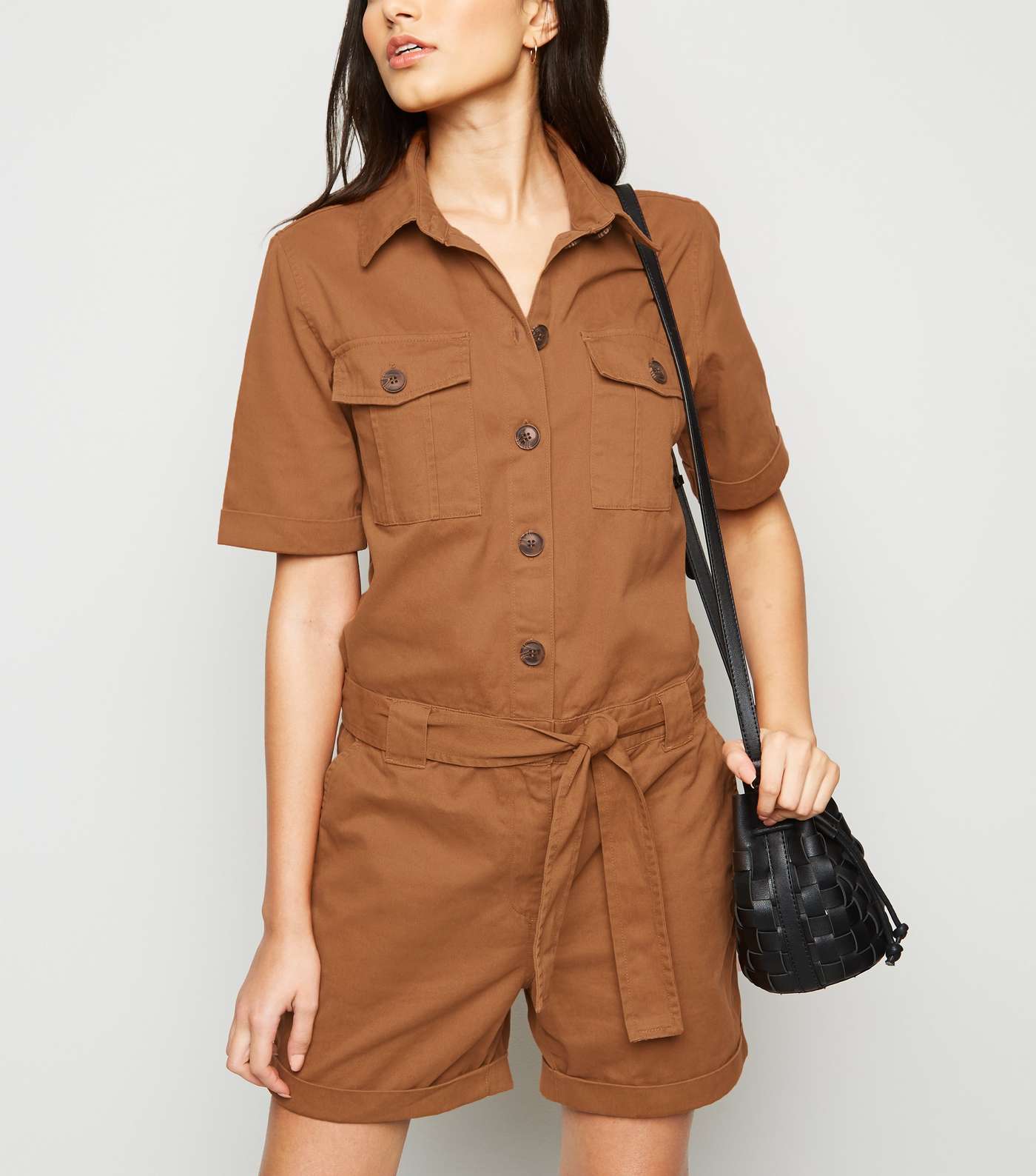 JDY Tan Button-Up Belted Playsuit