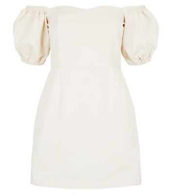 White Puff Sleeve Denim Dress 