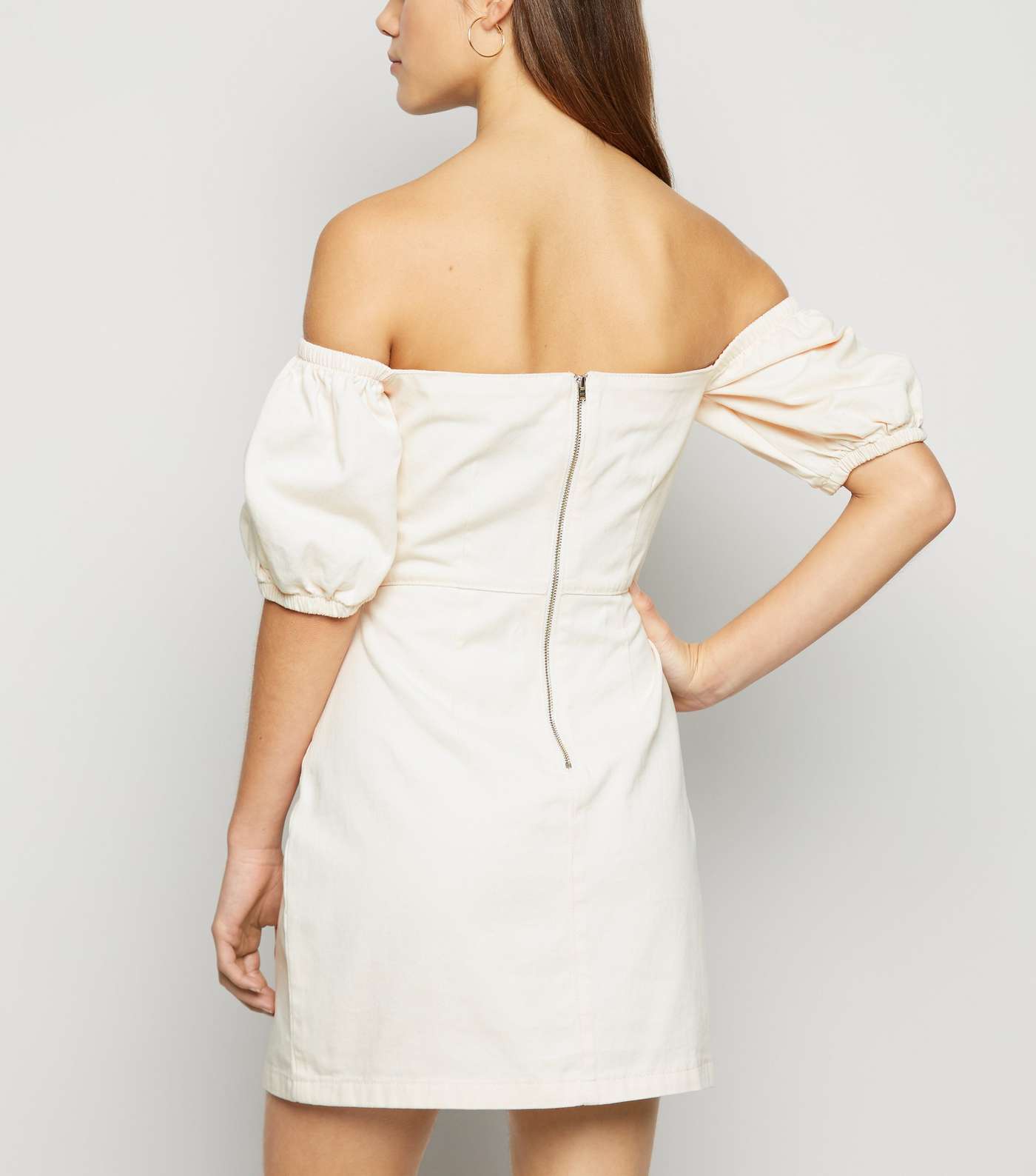 Petite Off White Puff Sleeve Denim Dress Image 3