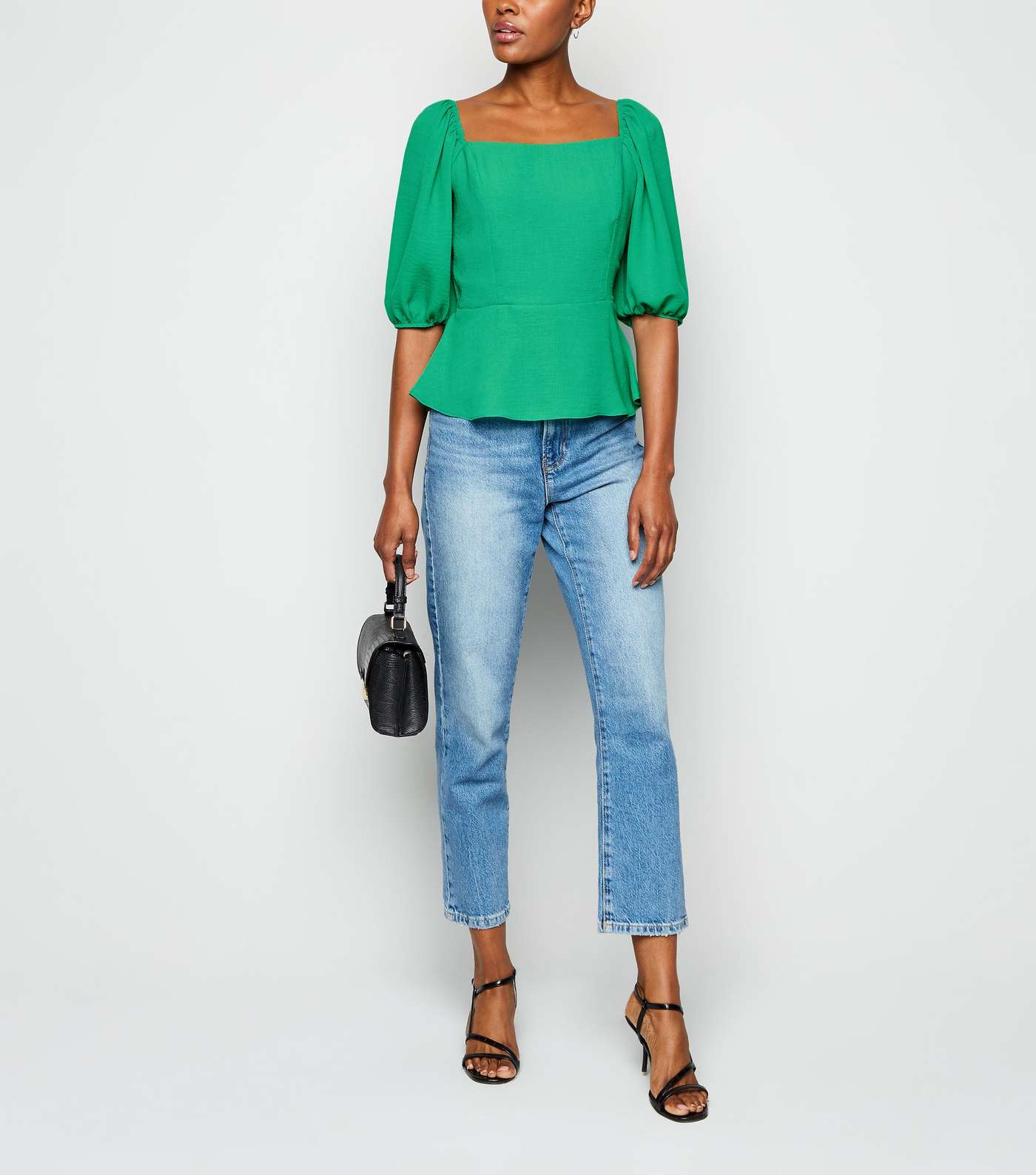 Green Square Neck Puff Sleeve Blouse Image 2