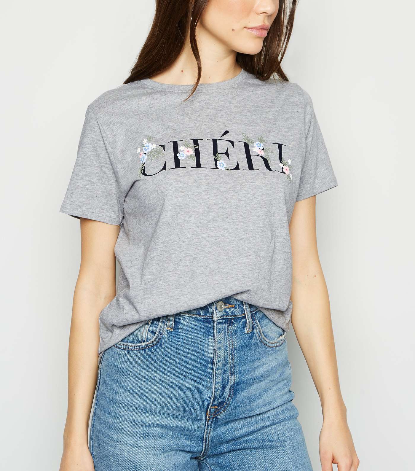 Grey Marl Floral Chéri Slogan T-Shirt
