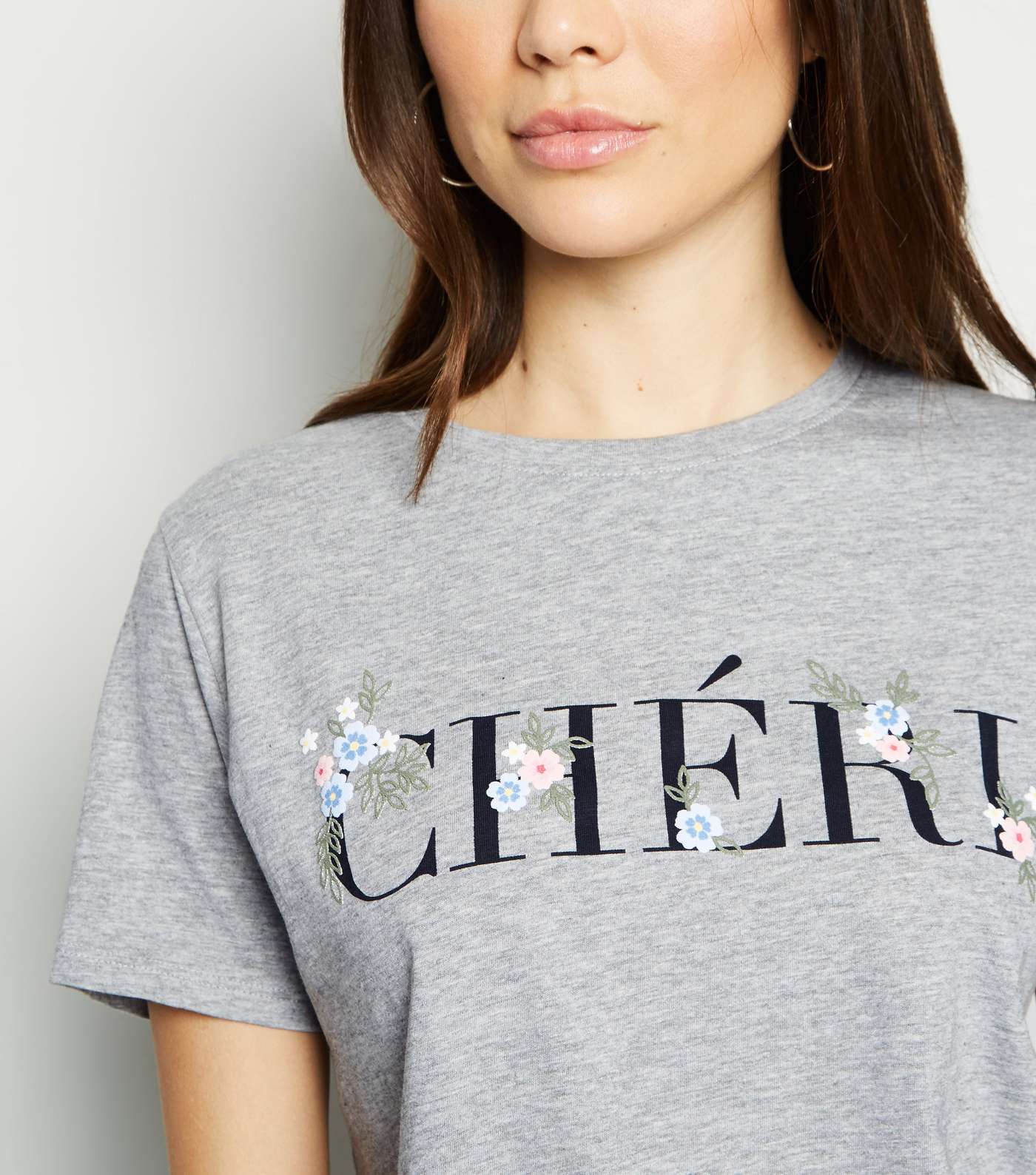 Grey Marl Floral Chéri Slogan T-Shirt Image 5