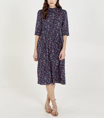 Blue Vanilla Navy Floral Shirred Midi Dress | New Look