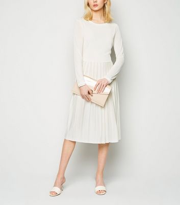 Image of NA-KD White Long Sleeve Pleated Midi Dress New Look