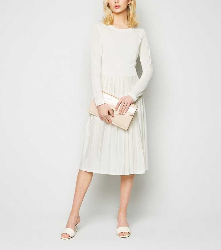 NA-KD White Long Sleeve Pleated Midi Dress