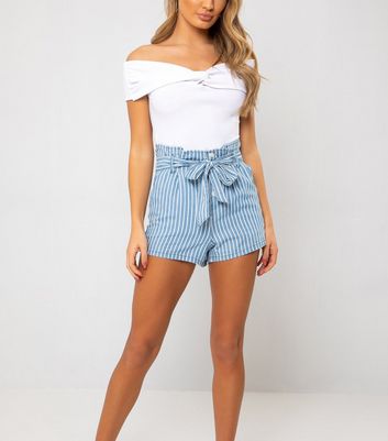 blue and white high waisted striped shorts