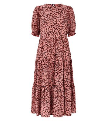 Pink Leopard Print Puff Sleeve Tiered Midi Dress | New Look