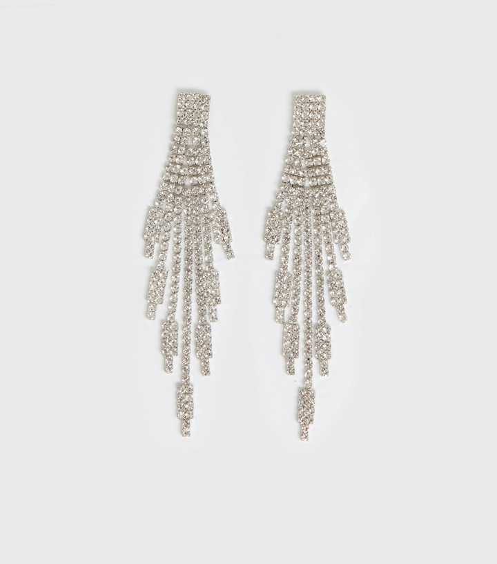 Silver Diamanté Drop Tassel Earrings