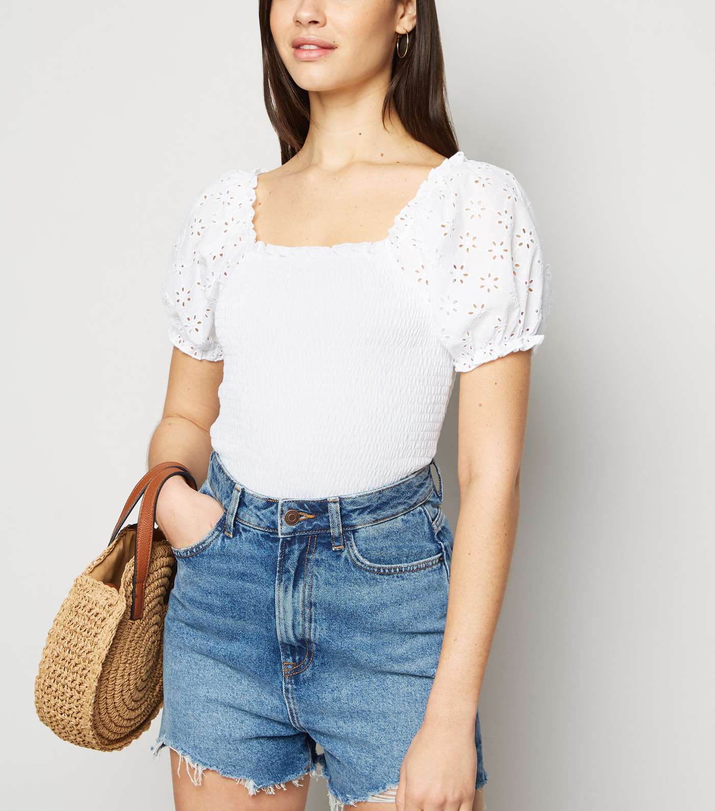 White Broderie Puff Sleeve Shirred Top