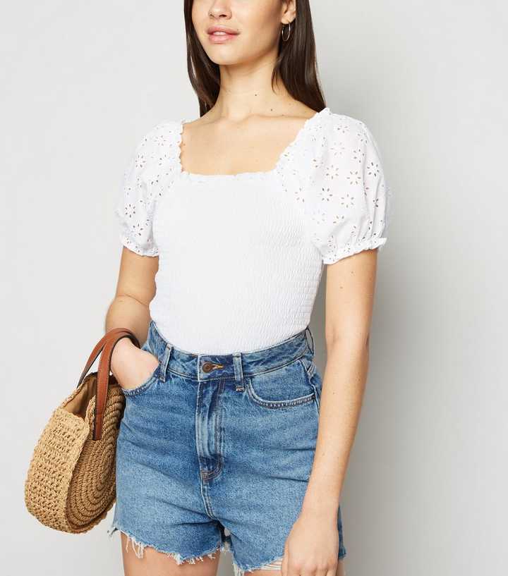 pad biografi handicappet White Broderie Puff Sleeve Shirred Top | New Look