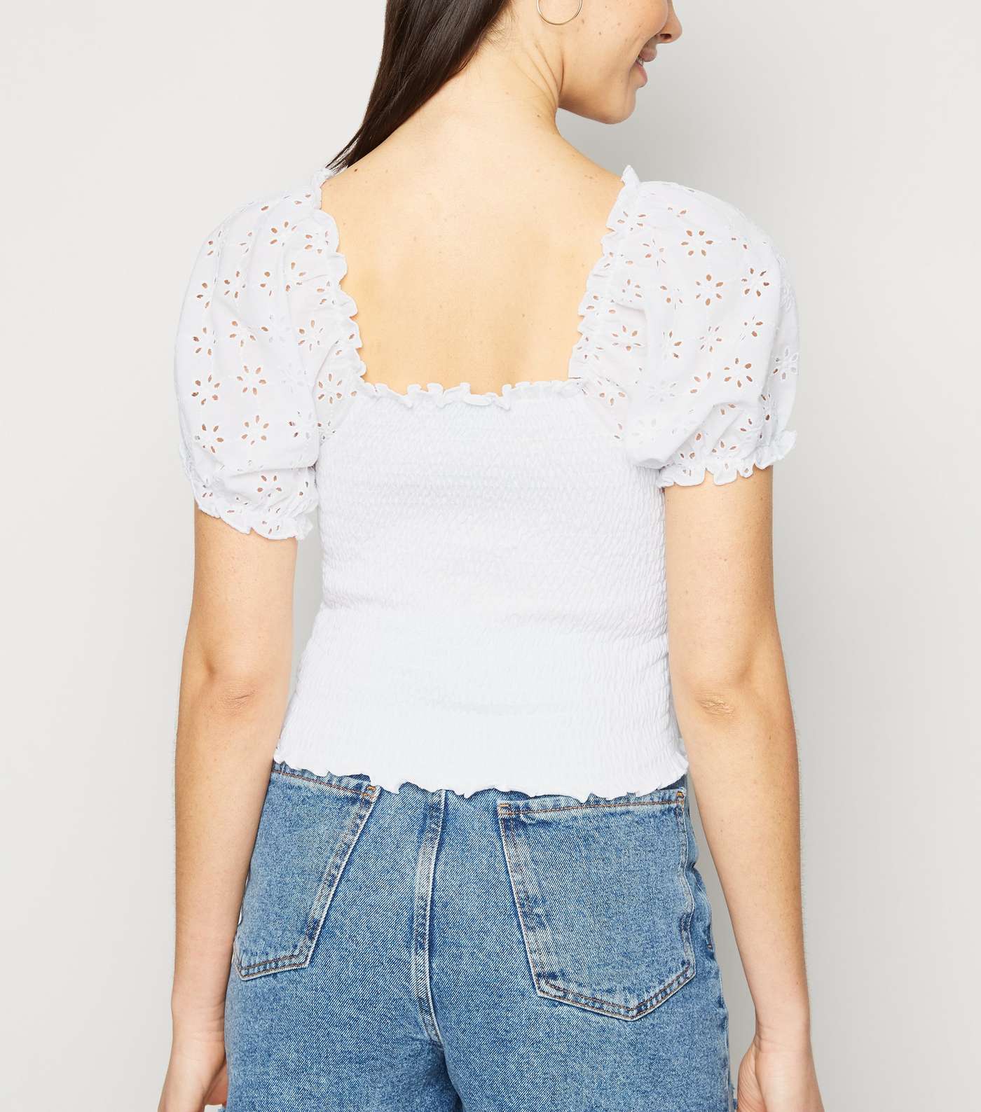 White Broderie Puff Sleeve Shirred Top Image 3