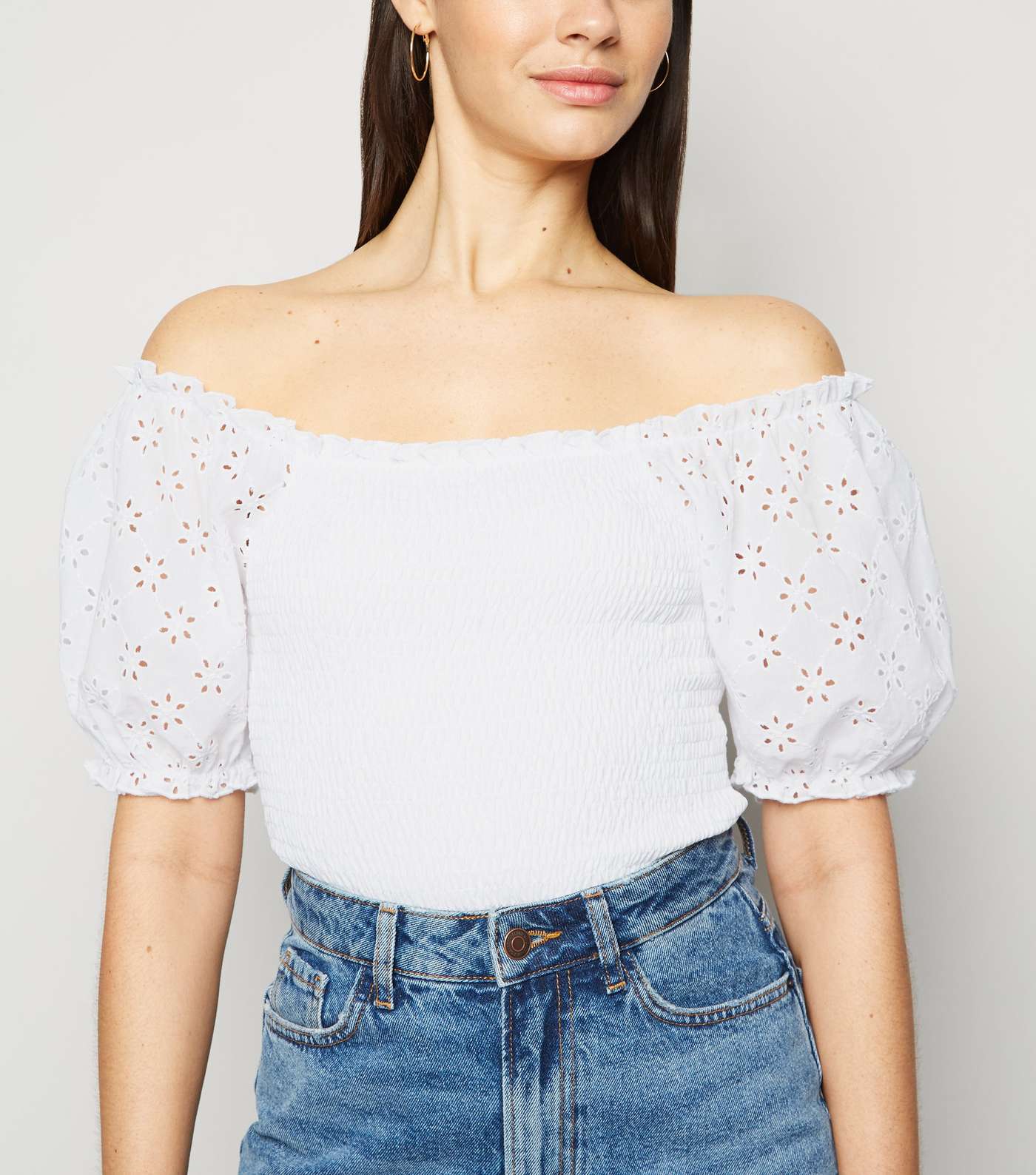 White Broderie Puff Sleeve Shirred Top Image 5