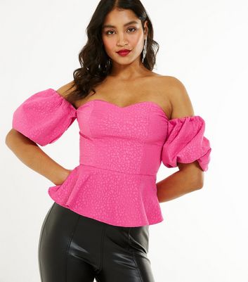 Image of Bright Pink Animal Jacquard Puff Sleeve Bardot Top New Look