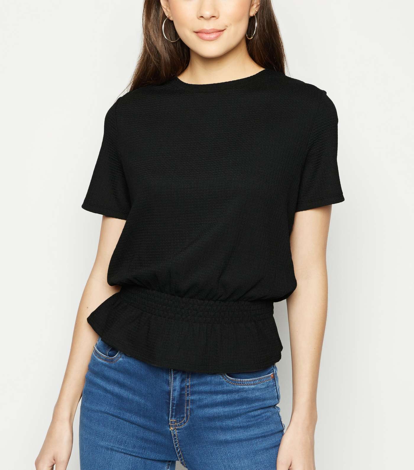 Black Textured Shirred Peplum T-Shirt