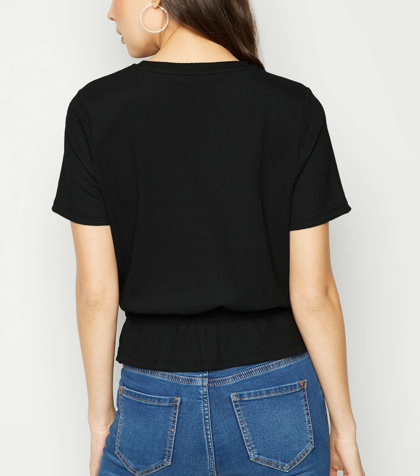 Black Textured Shirred Peplum T-Shirt Image 3
