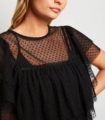 Image of Black Spot Mesh Tiered Top New Look