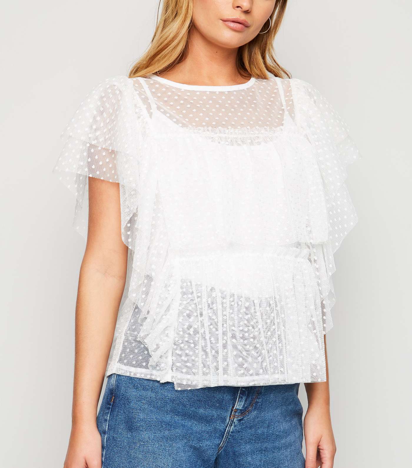 Off White Spot Mesh Tiered Top