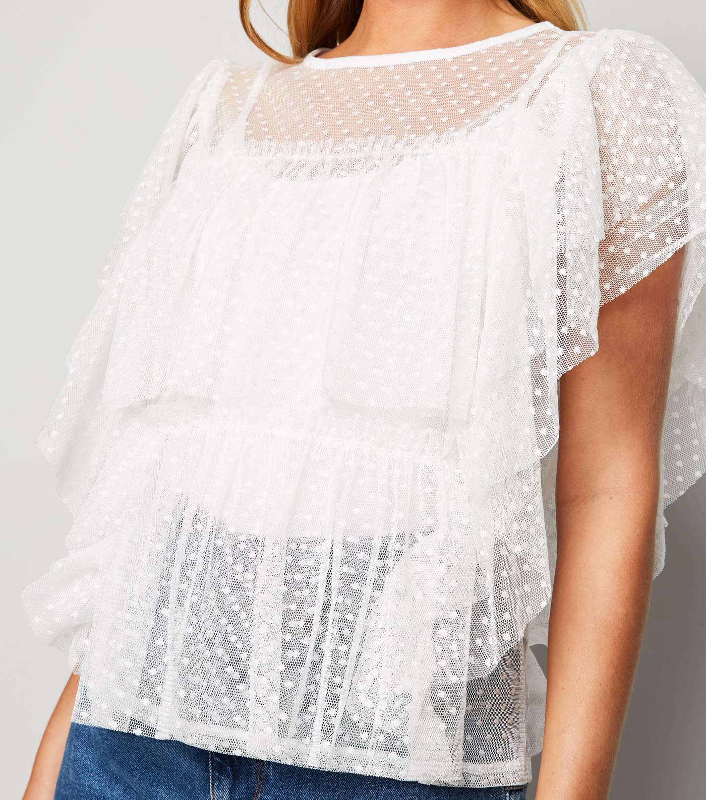 Off White Spot Mesh Tiered Top Image 5