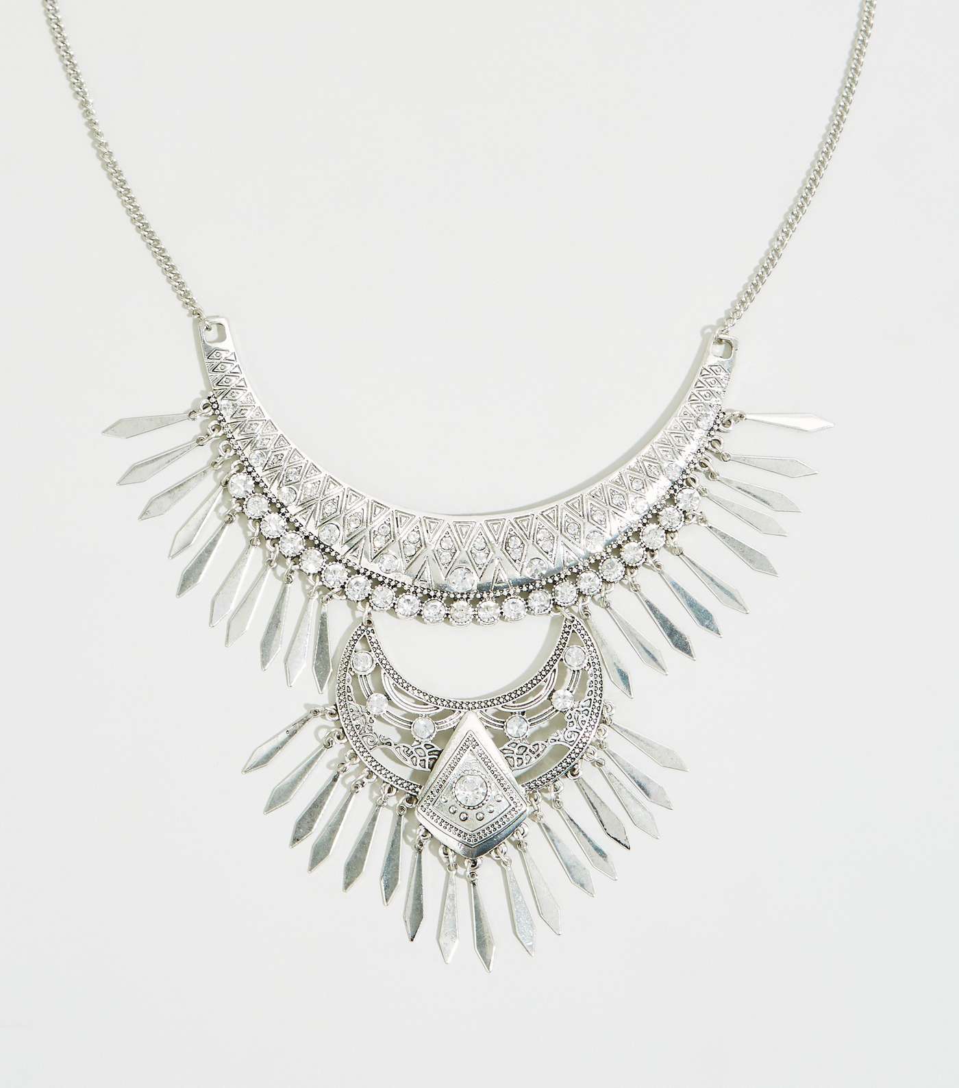 Silver Tassel Diamanté Bib Necklace