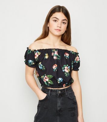 Girls Black Floral Bardot Crop Top New Look