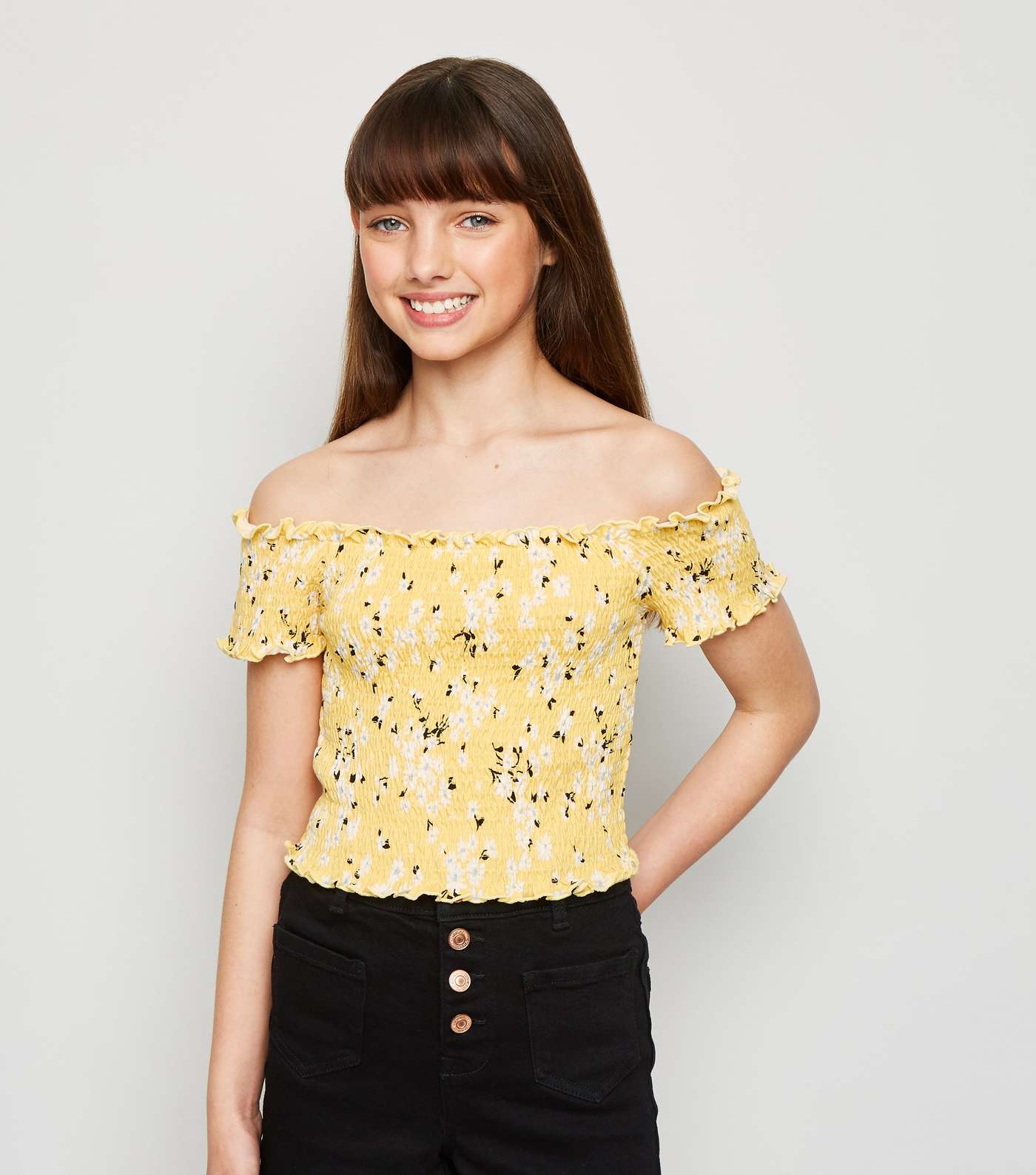 Girls Yellow Floral Shirred Bardot Top