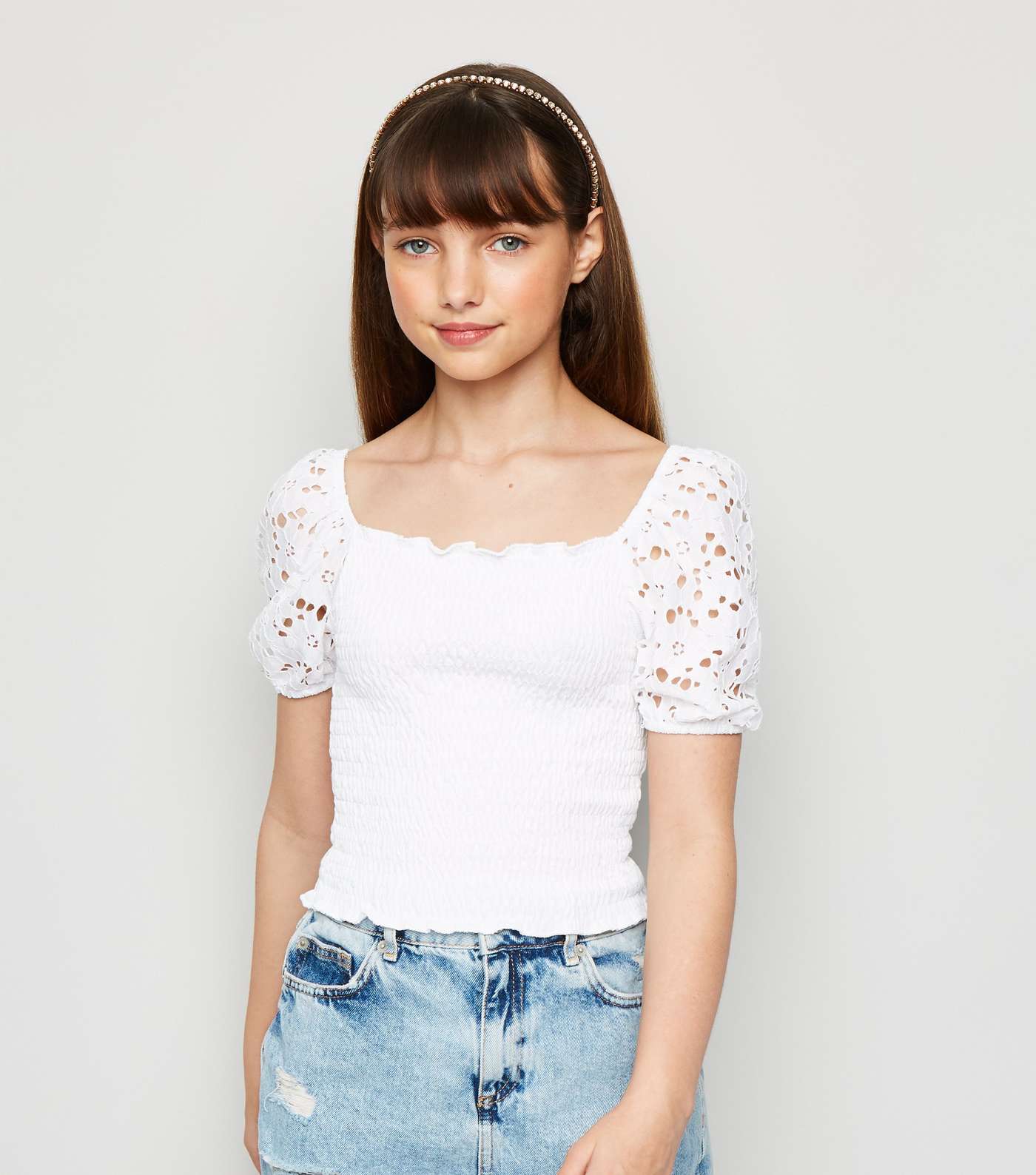 Girls White Broderie Puff Sleeve Shirred Top