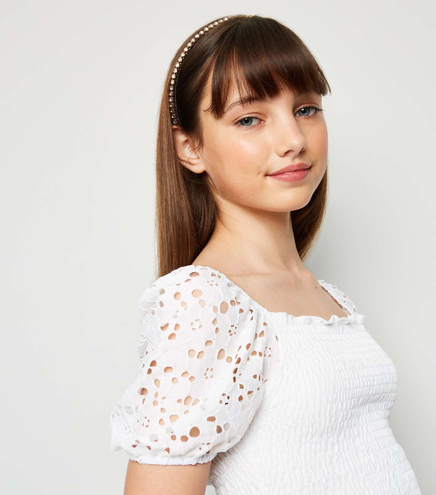 Girls White Broderie Puff Sleeve Shirred Top Image 5