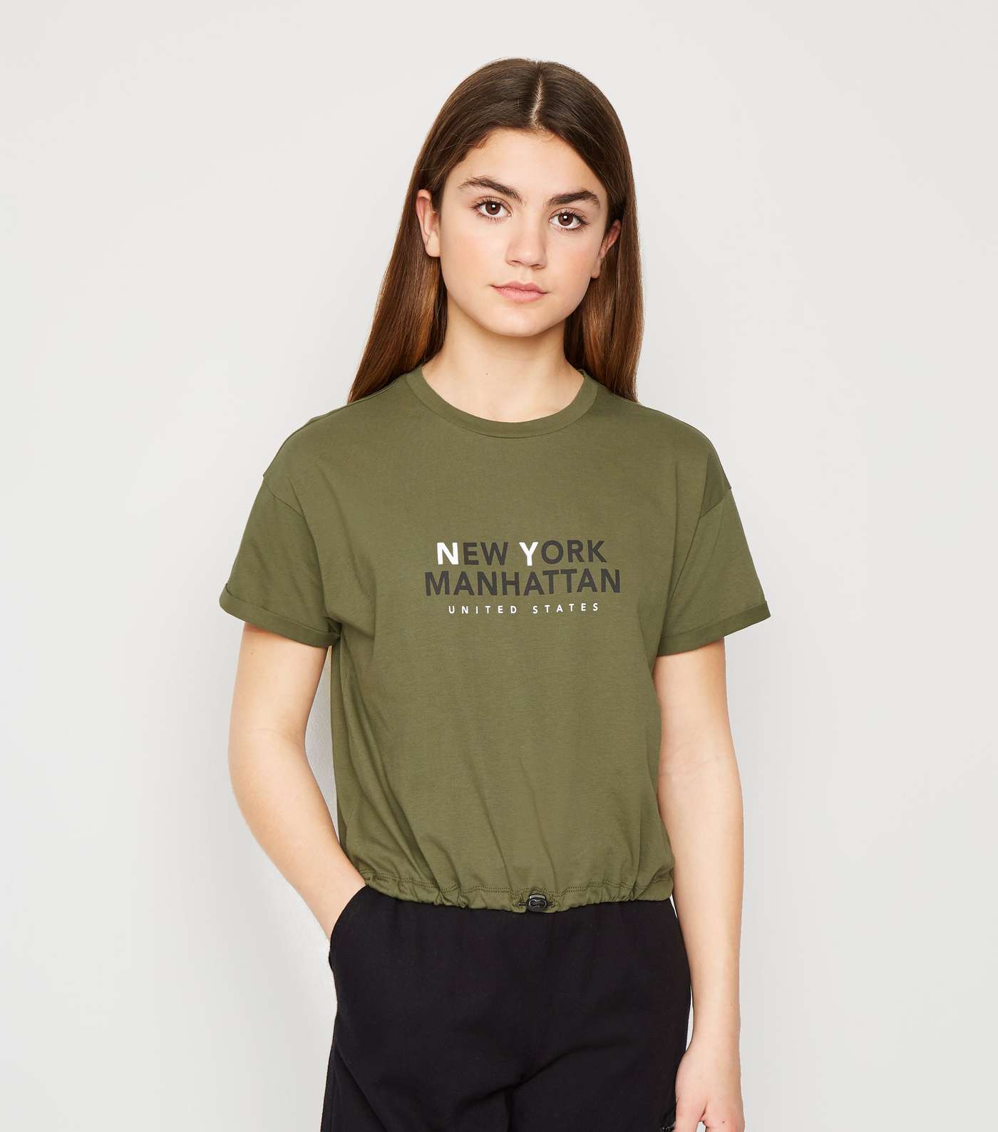 Girls Khaki New York Slogan Toggle Hem T-Shirt