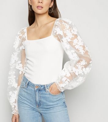 White Floral Organza Puff Sleeve 
