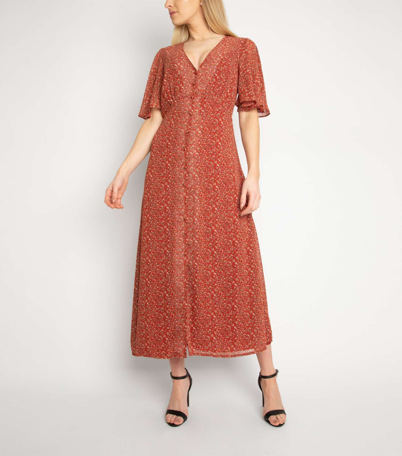 Another Look Red Ditsy Floral Button Midi Dress