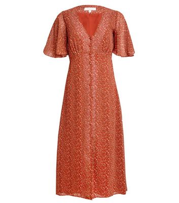 Image of Another Look Red Ditsy Floral Button Midi Dress New Look