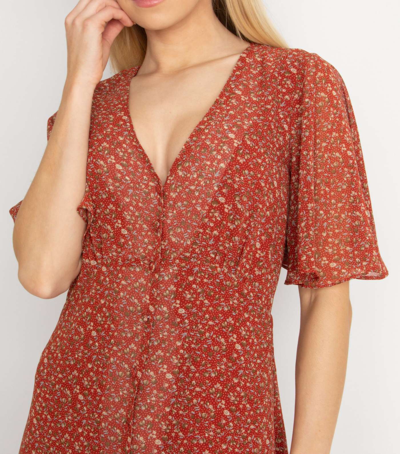 Another Look Red Ditsy Floral Button Midi Dress Image 3