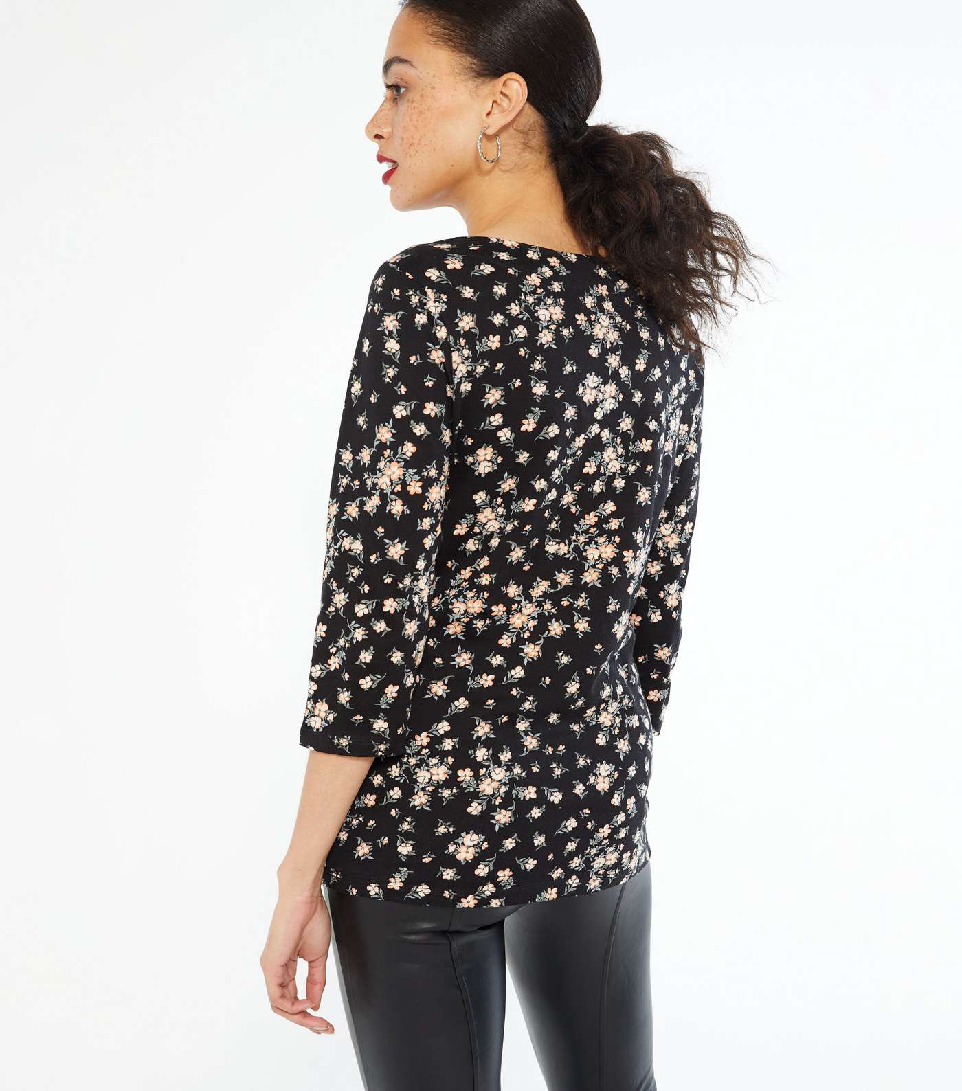 Maternity Black Floral 3/4 Sleeve Top Image 4