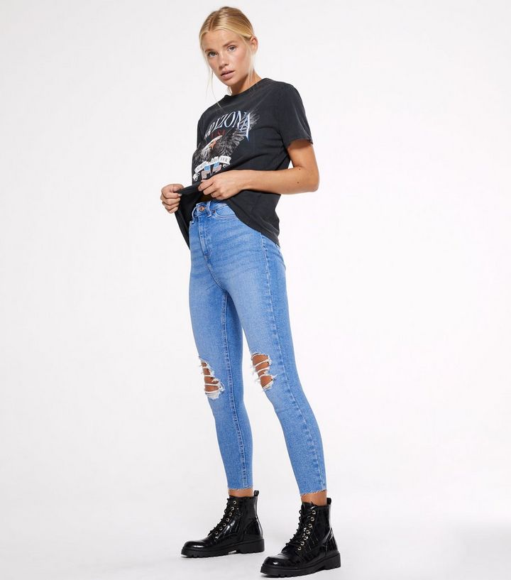 Petite Bright Blue Ripped High Waist Hallie Super Skinny Jeans New Look