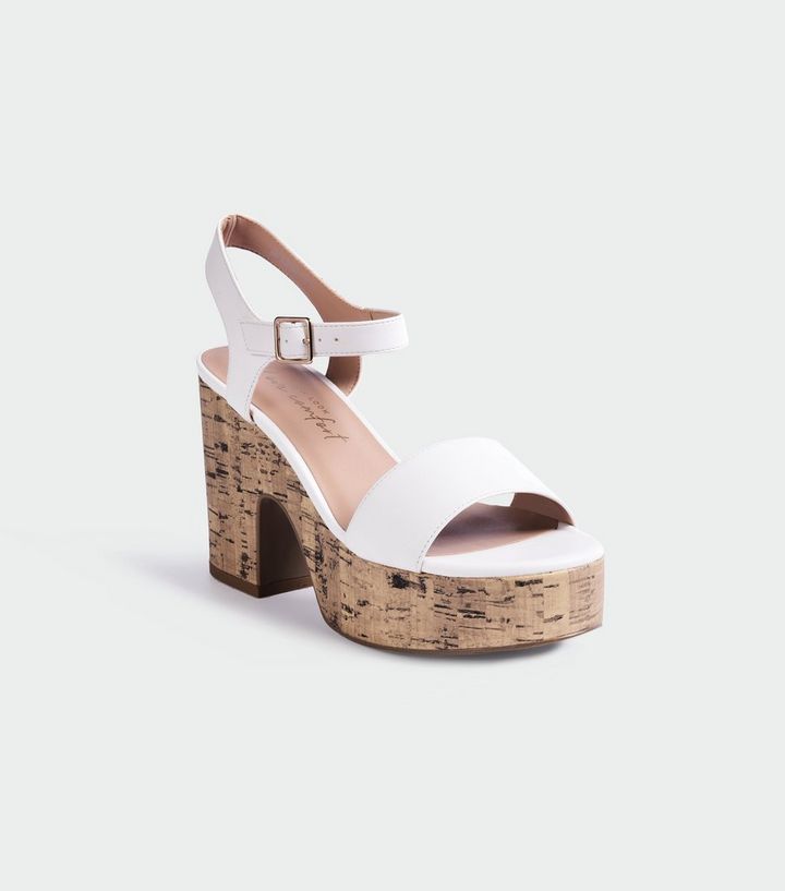 white platform cork block heel sandals
