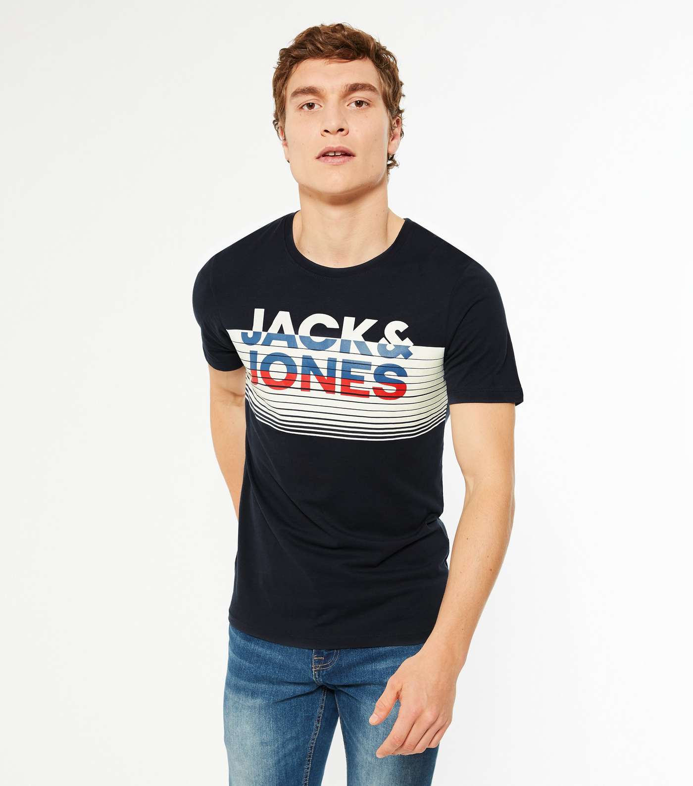 Jack & Jones Navy Box Stripe Logo T-Shirt