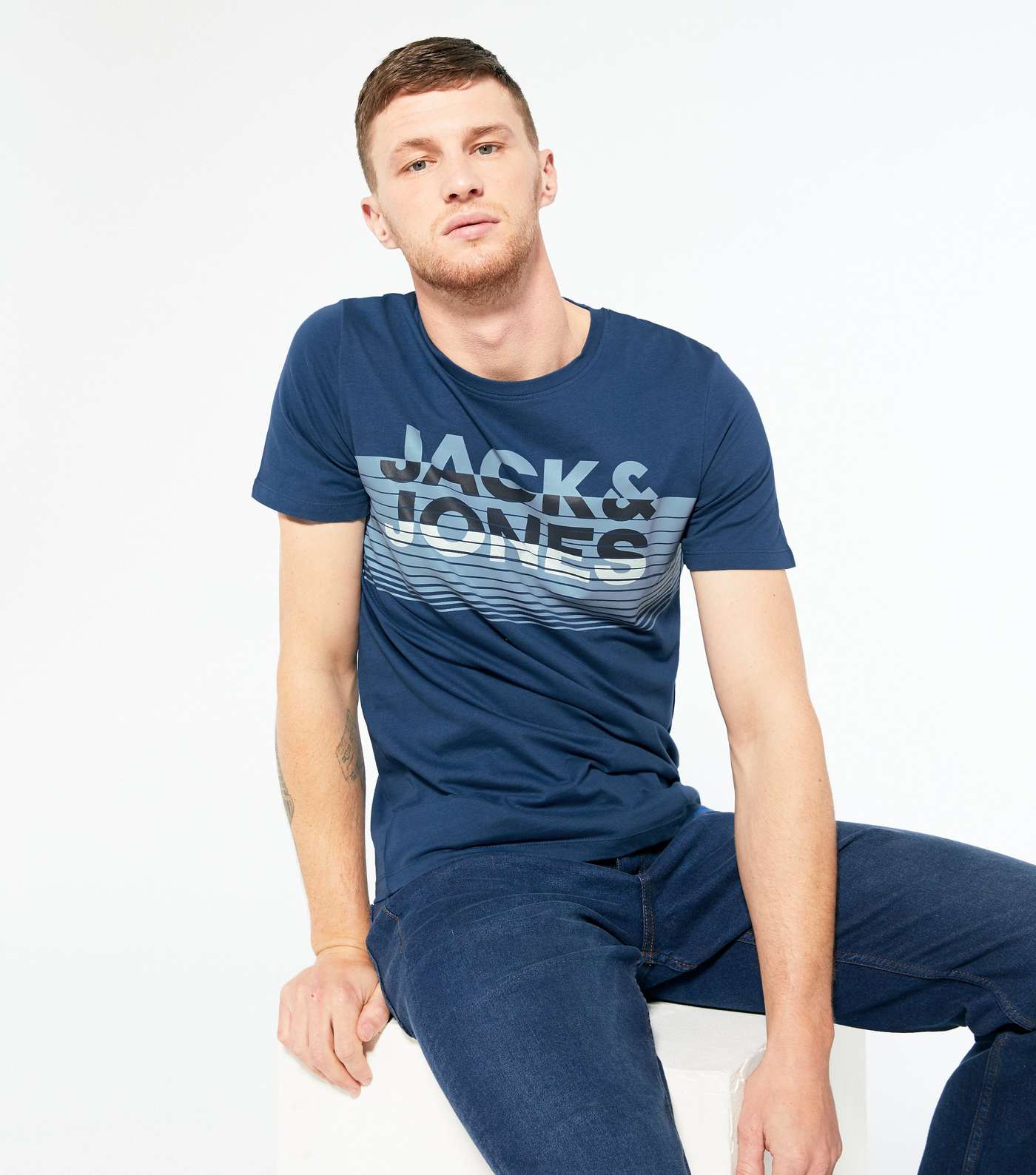 Jack & Jones Bright Blue Box Stripe Logo T-Shirt
