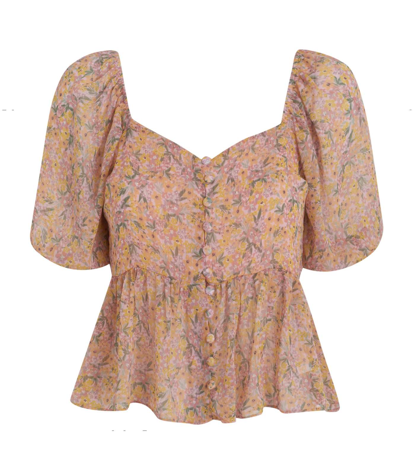 Pink Floral Button Puff Sleeve Blouse