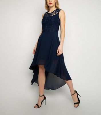 navy and silver lace dip hem dress