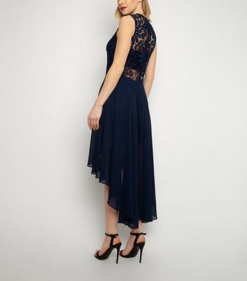 navy and silver lace dip hem dress