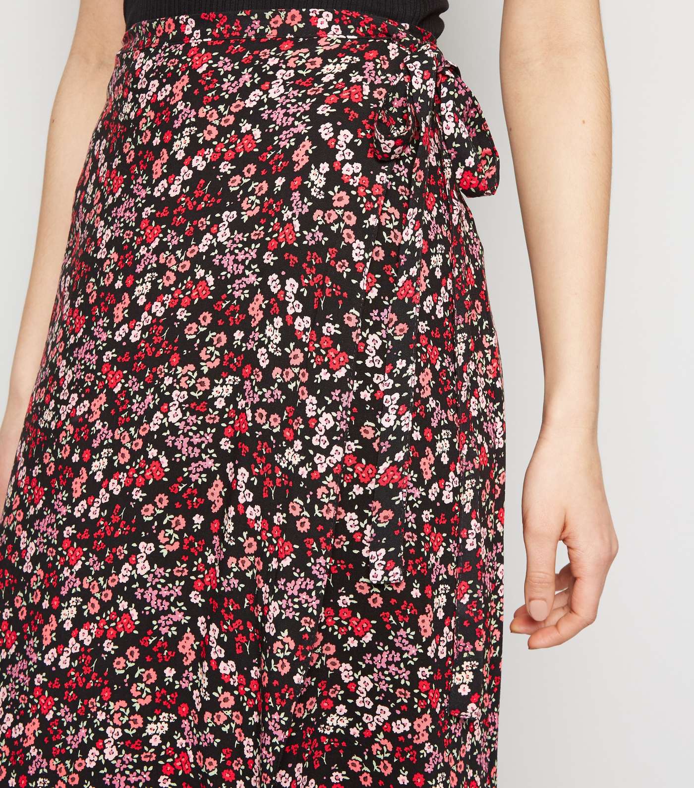 Black Ditsy Floral Wrap Midi Skirt Image 5