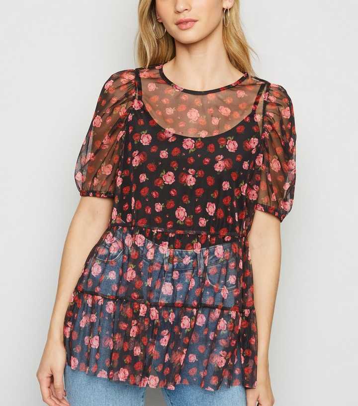 Black Rose Organza Puff Sleeve Top
