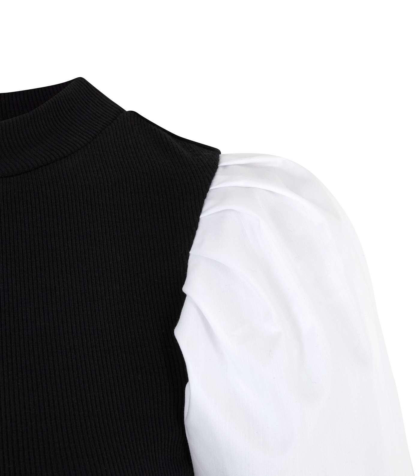 Black Poplin Puff Sleeve Ribbed T-Shirt Image 3