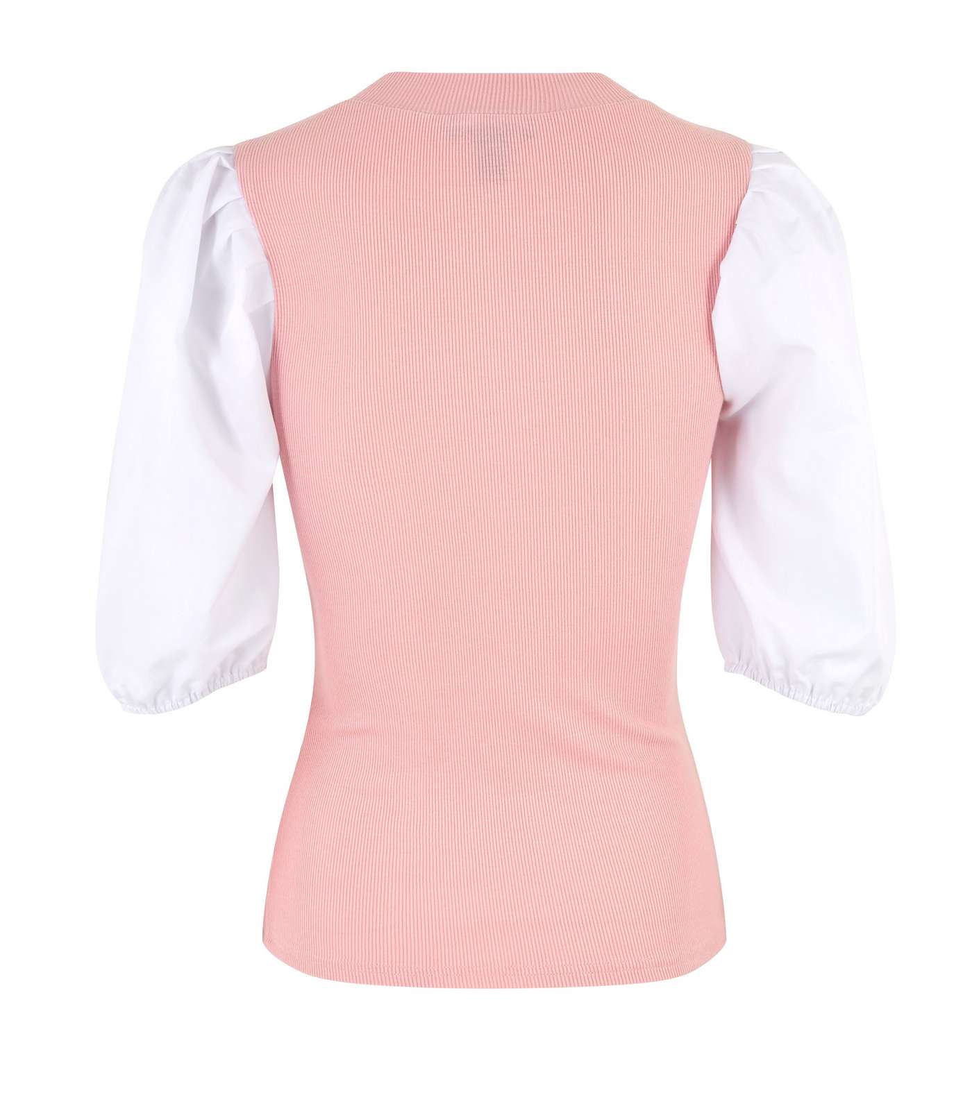 Pink Poplin Puff Sleeve Ribbed T-Shirt Image 2
