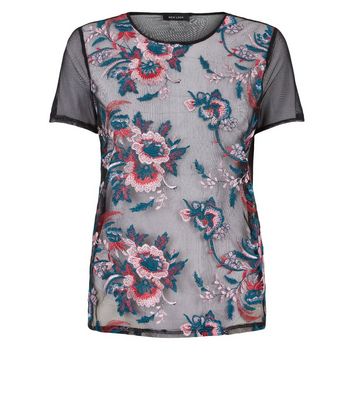 Image of Multicoloured Floral Embroidered Mesh Top New Look