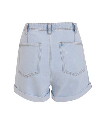 Image of Blue Bleach Wash High Waist Denim Mom Shorts New Look