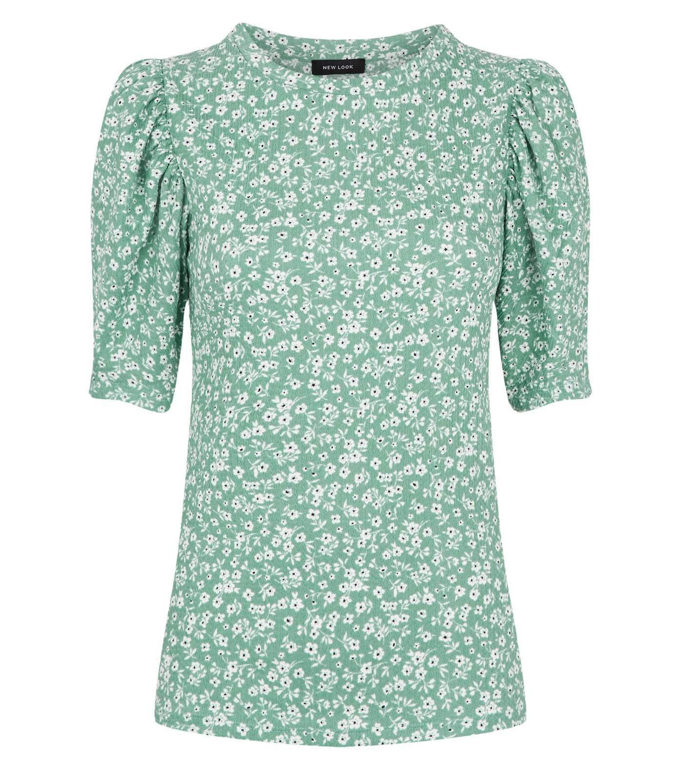 Green Floral Textured Puff Sleeve Top Image 4