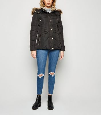 black faux fur hem fitted padded coat