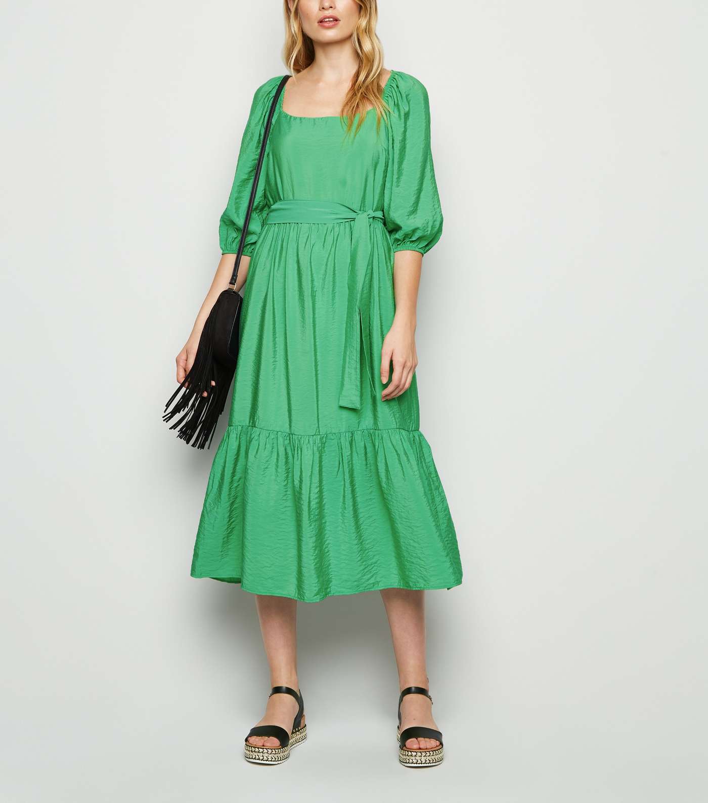Green Puff Sleeve Tiered Midi Dress