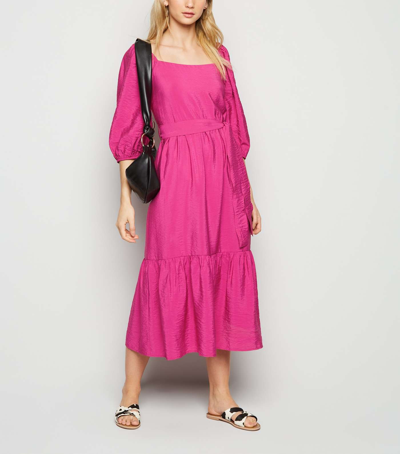 Bright Pink Puff Sleeve Tiered Midi Dress Image 2